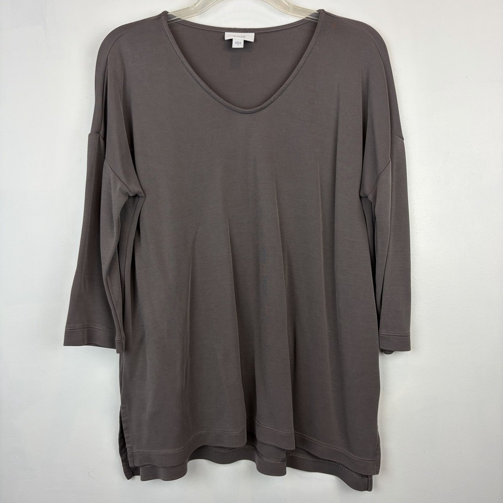 J Jill Tunic Top Womens Medium Gray Pure V Neck 3/4 Sleeve Stretch Knit Read